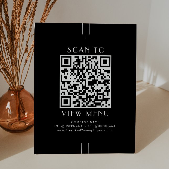 Signe De Table Code QR de menu de restaurant noir Art Déco EVERLY (EVERLY Art Deco Black Restaurant Menu QR Code Pedestal Sign)