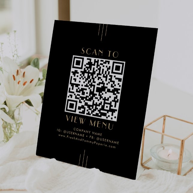 Signe De Table Code QR de menu de restaurant noir et or Art Déco  (EVERLY Art Deco Black Gold Restaurant Menu QR Code Pedestal Sign)