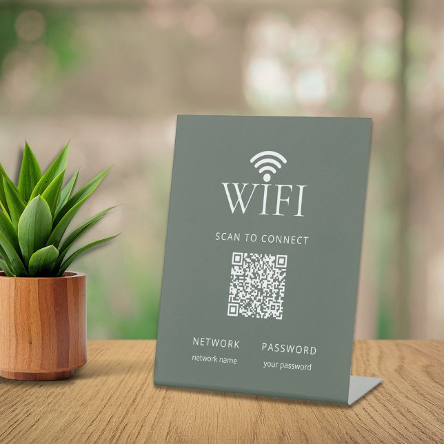 Signe De Table Code QR de mot de passe de réseau WiFi vert modern (Minimalist WiFi Network Password QR Code muted green Pedestal Sign)