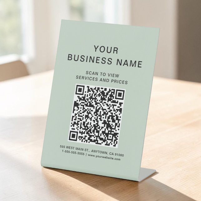 Signe De Table Code QR de numérisation d'affaires à connecter Ver (Business Scan To Connect Sage Green QR Code Pedestal Sign)