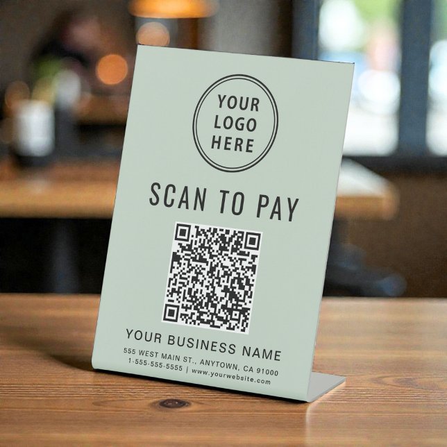 Signe De Table Code QR de paiement à balayer Logo d'entreprise Ve (Scan to Pay QR Code Business Logo Sage Green Pedestal Sign)