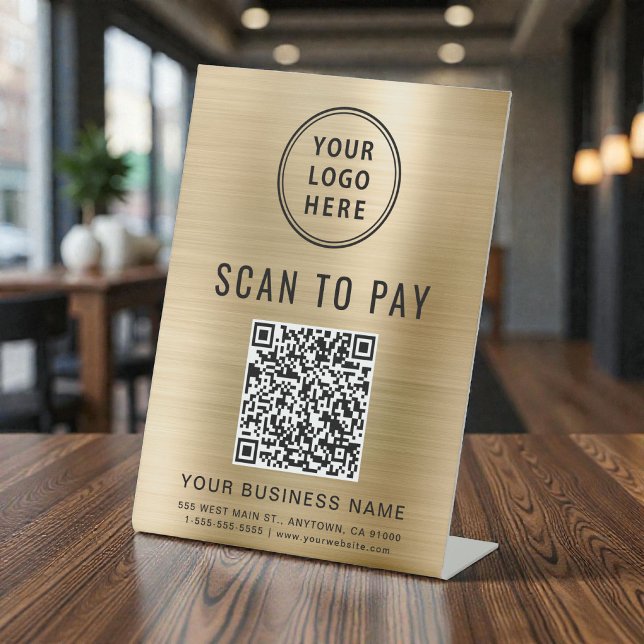Signe De Table Code QR de paiement à scanner Logo d'entreprise Or (Scan to Pay QR Code Business Logo Gold Pedestal Sign)