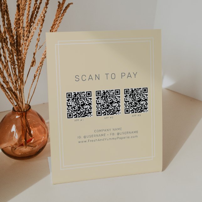 Signe De Table Code QR de paiement commercial jaune beurre AVERY (AVERY Butter Yellow Business QR Code Scan To Pay Pedestal Sign)