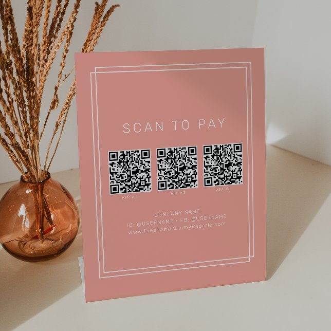 Signe De Table Code QR de paiement d'entreprise pêche rose AVERY  (AVERY Blush Peach Business QR Code Scan To Pay Pedestal Sign)
