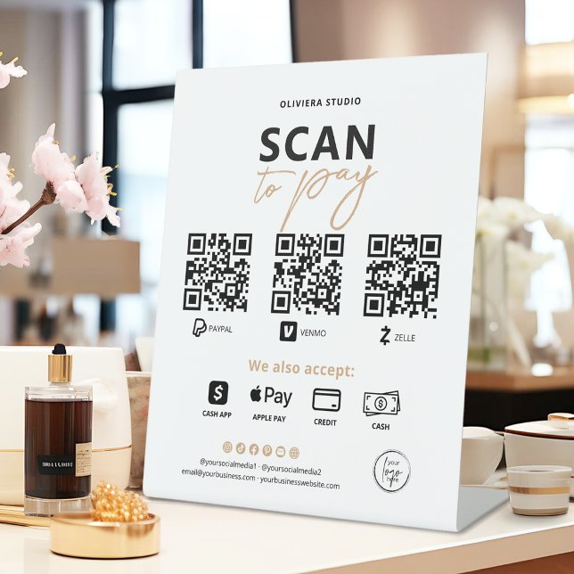 Signe De Table Code QR de paiement élégant moderne à numériser (Modern scan to pay sign with 3 QR codes for payment. Perfect for your store or market pop up!)