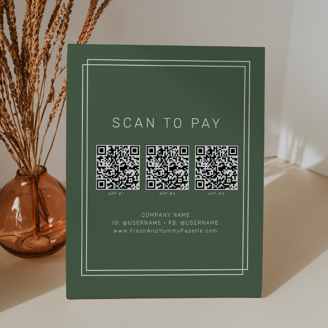 Signe De Table Code QR de paiement professionnel bohème vert fonc (AVERY Dark Green Boho Business QR Code Scan To Pay Pedestal Sign)