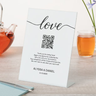 Signe De Table Code QR de partage de photos de mariage Script Lov