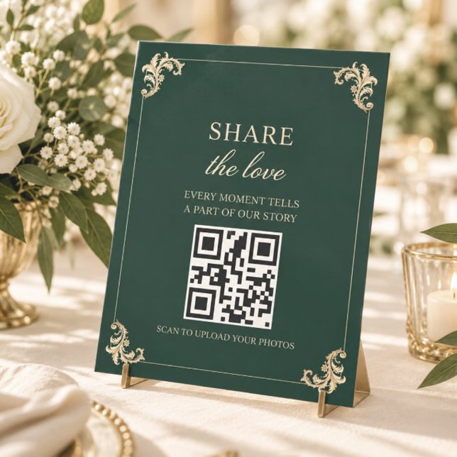 Signe De Table Code QR de photo de mariage vert émeraude (Créateur téléchargé)