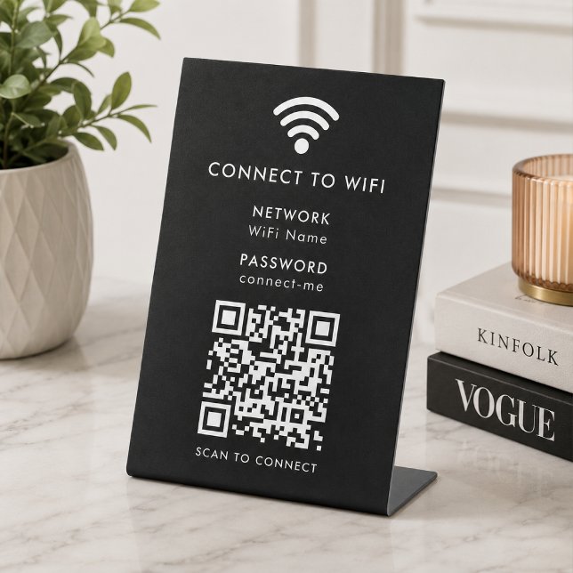 Signe De Table Code QR de réseau Wifi noir moderne pour se connec (Wi-Fi tabletop pedestal signs with interactive QR code, connecting guests seamlessly to your WiFi.)