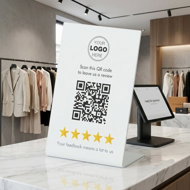 Signe De Table Code QR de révision d'entreprise minimal moderne 5 (Boost Business Reviews: Minimalist QR Code Pedestal Sign for Counters)