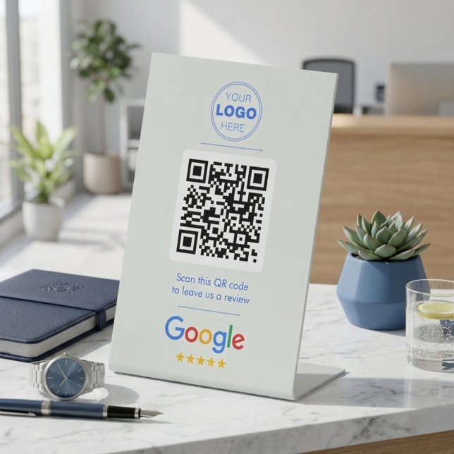 Signe De Table Code QR de révision d'entreprise moderne bleu et b (Modern Blue & White Business Review QR Code Sign | Custom Logo)