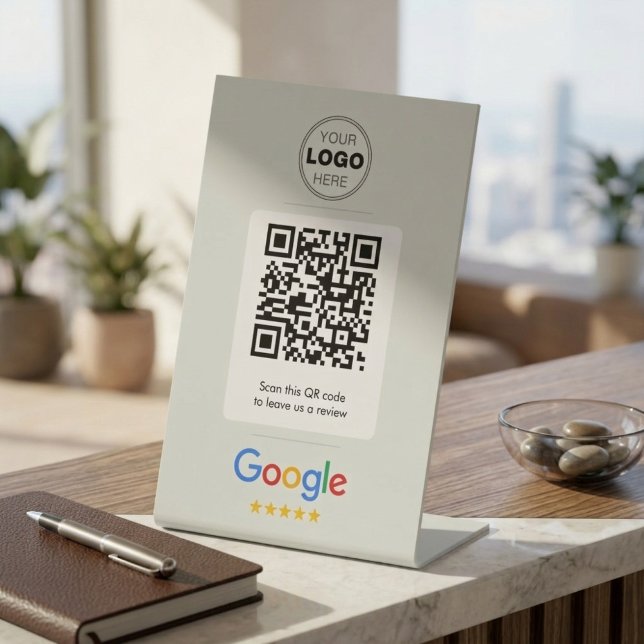 Signe De Table Code QR de révision d'entreprise personnalisé sur  (Custom QR Code Review Sign for Business — Personalized Logo Tabletop Display for Salon.)