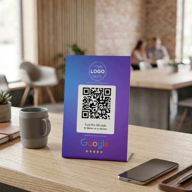 Signe De Table Code QR de révision Google à dégradé bleu violet m (Modern Gradient Google Review Sign | QR Code Pedestal Display for Business)