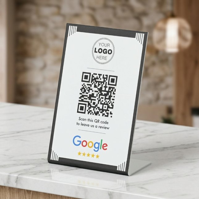 Signe De Table Code QR de révision Google Art Déco noir minimalis (Modern Minimalist Google Review QR Code Sign | Small Business Marketing)