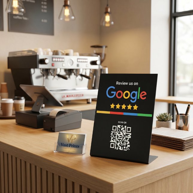 Signe De Table Code QR de révision Google Noir (Google Review QR Code Black Pedestal Sign)