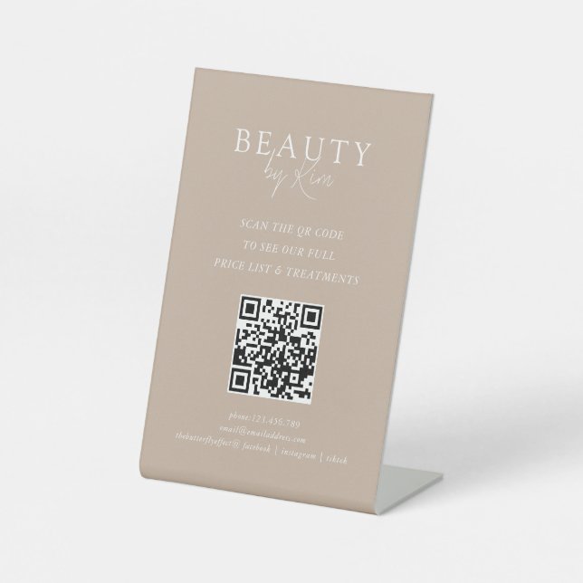 Signe De Table Code QR de salon élégant minimal brun et blanc (Recto)