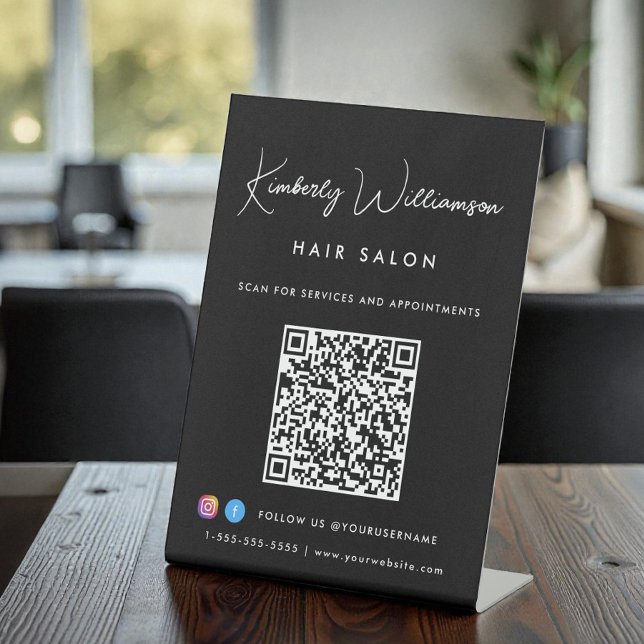 Signe De Table Code QR de signature de marque commerciale noir (Business Chic Signature Script QR Code Black Pedestal Sign)