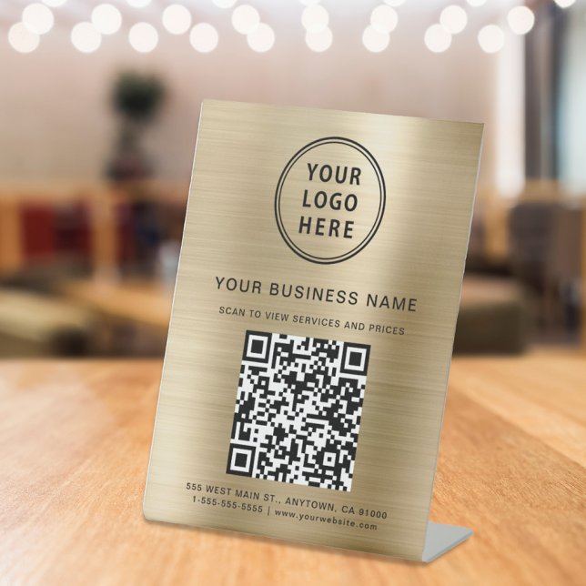 Signe De Table Code QR d'entreprise et Logo Métallic Or (Connect customers and clients to your desired website destination with a single scan)