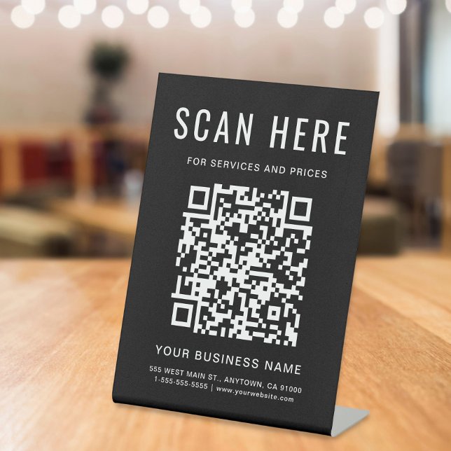 Signe De Table Code QR d'entreprise sur présentoir noir (A QR code sign to effortlessly connect your customers to your online platforms)