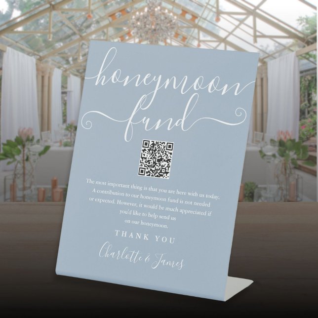 Signe De Table Code QR du Fonds de Lune de Miel Bleu Poussiéreux (Dusty Blue Honeymoon Fund QR Code Pedestal Sign)