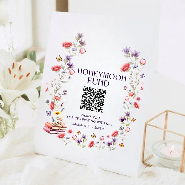 Signe De Table Code QR du Fonds de Mariage pour un Chèque-Cadeau  (Elegant wildflower honeymoon fund QR code sign with watercolor florals and modern charm.)