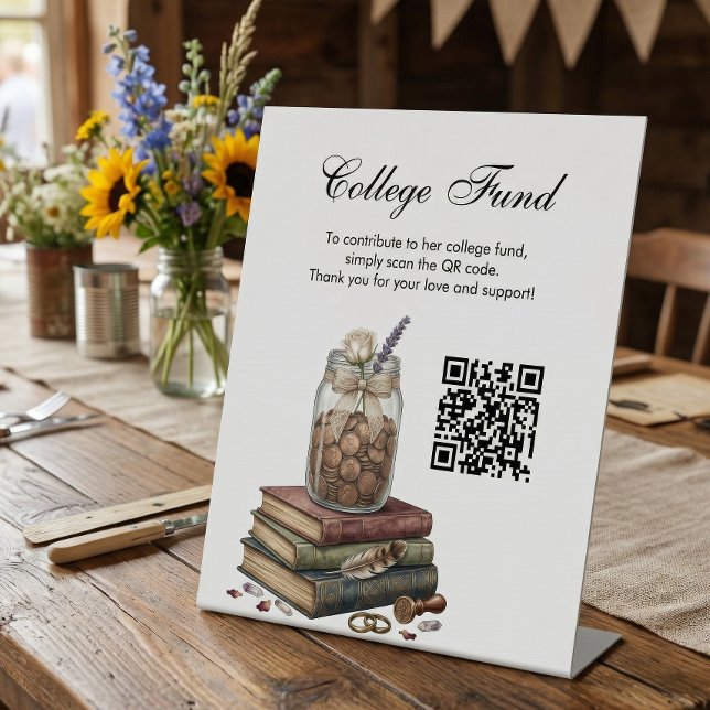 Signe De Table Code QR du fonds universitaire de fin d'études Cou (Country Chic Graduation College Fund Sign)