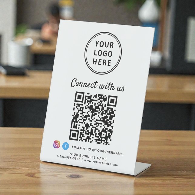 Signe De Table Code QR du logo de l'entreprise Connectez-vous ave (Business Logo QR Code Connect With Us Tabletop Pedestal Sign)