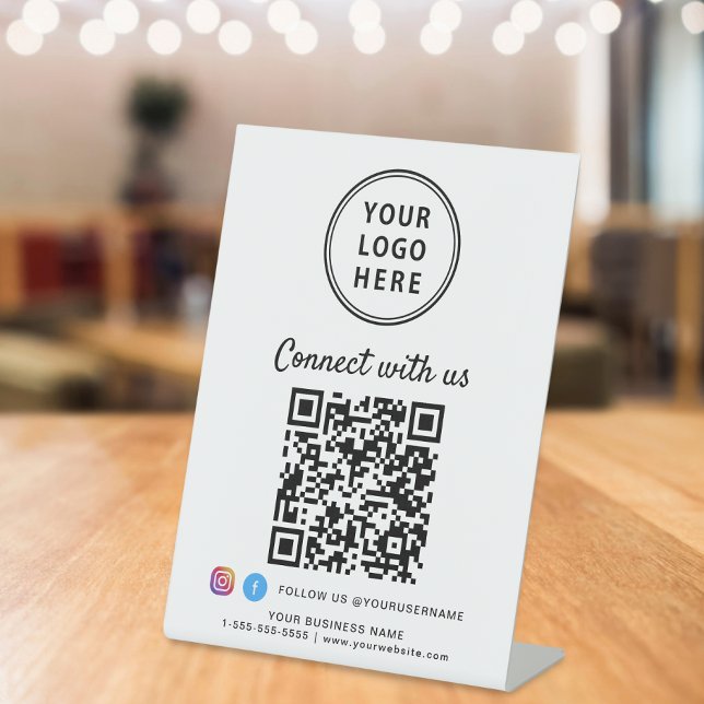 Signe De Table Code QR du logo de l'entreprise Connectez-vous ave (A QR code sign to effortlessly connect your customers to your online platforms)