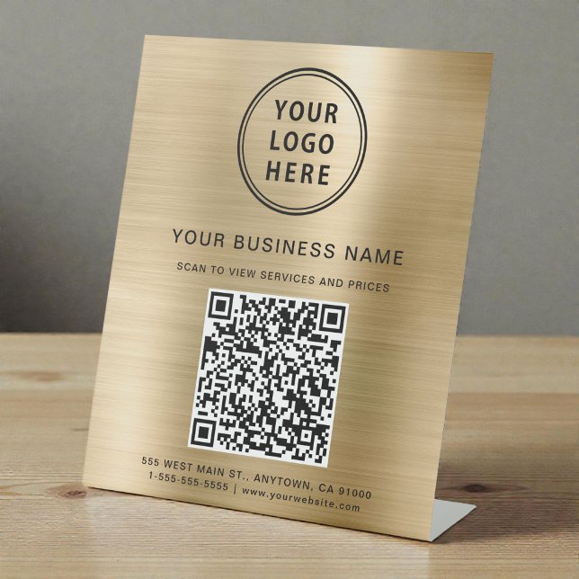 Signe De Table Code QR du logo de l'entreprise Or (Business Logo QR Code Gold Pedestal Sign)