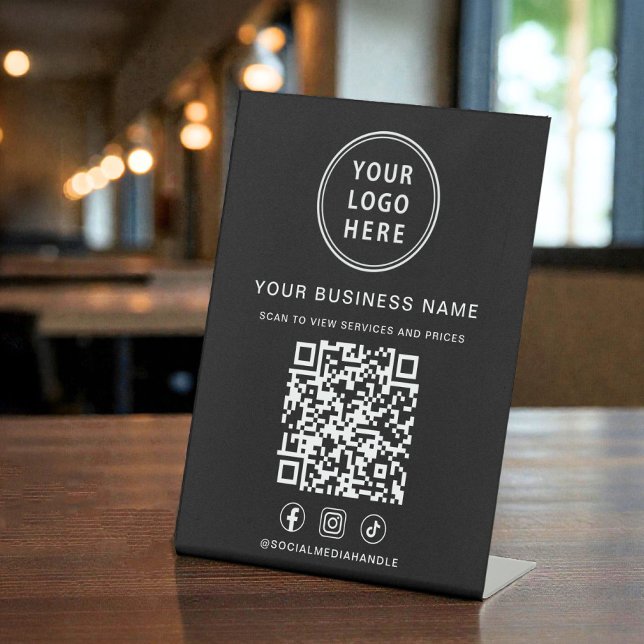 Signe De Table Code QR du logo de l'entreprise Réseaux sociaux No (Business Logo QR Code Social Media Black Pedestal Sign)