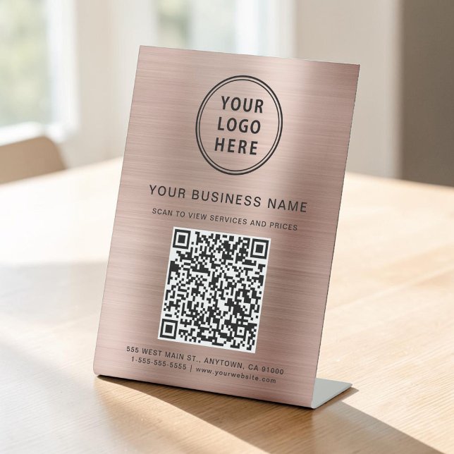 Signe De Table Code QR du logo de l'entreprise Rose Gold (Business Logo QR Code Rose Gold Pedestal Sign)