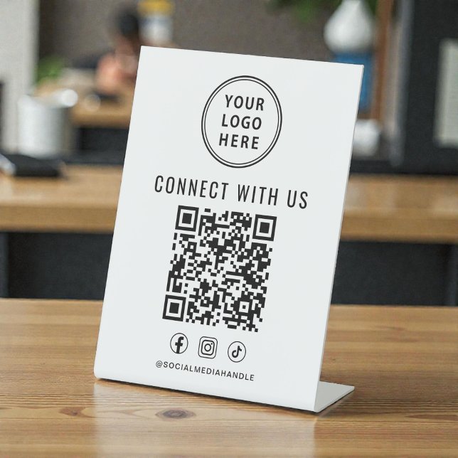 Signe De Table Code QR du logo de l'entreprise sur un présentoir (Business Logo QR Code Tabletop Pedestal Sign)