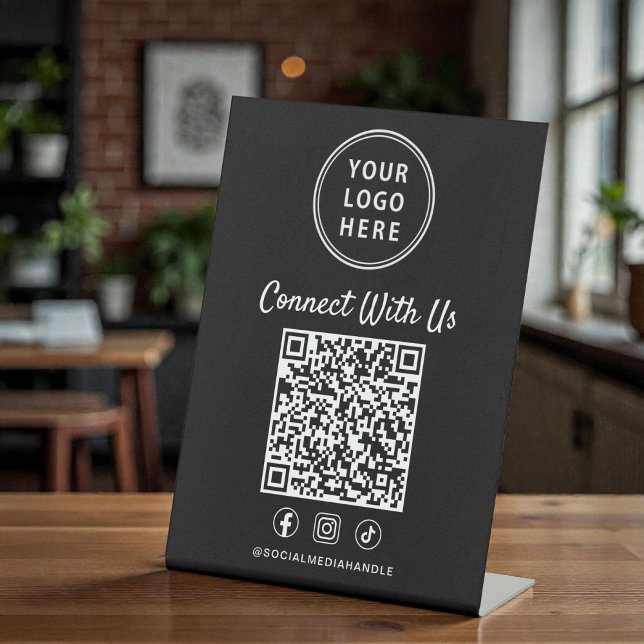 Signe De Table Code QR du logo de l'entreprise sur un présentoir  (Business Logo QR Code Black Tabletop Pedestal Sign)