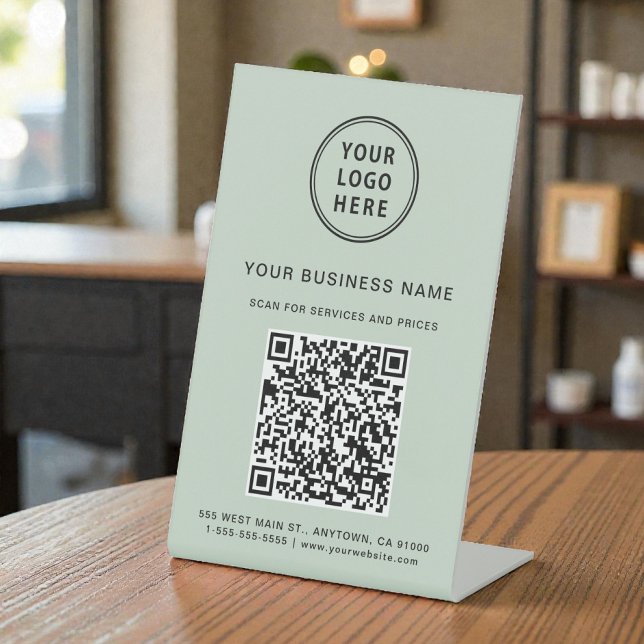 Signe De Table Code QR du logo de l'entreprise Vert Sauge (Business Logo QR Code Sage Green Pedestal Sign)