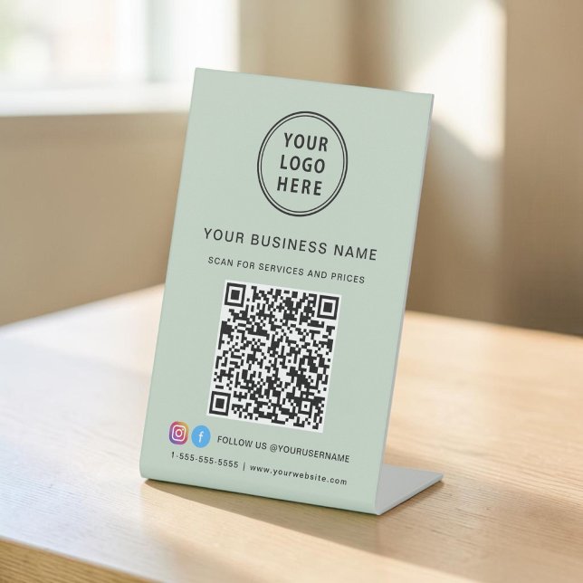 Signe De Table Code QR du logo de l'entreprise Vert sauge Médias  (Business Logo QR Code Social Media Sage Green Pedestal Sign)
