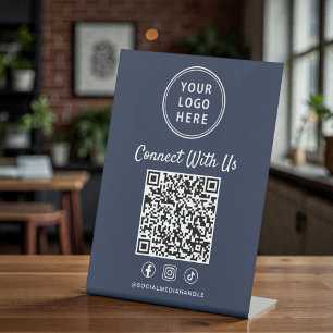 Signe De Table Code QR du logo d'entreprise Bleu sur présentoir