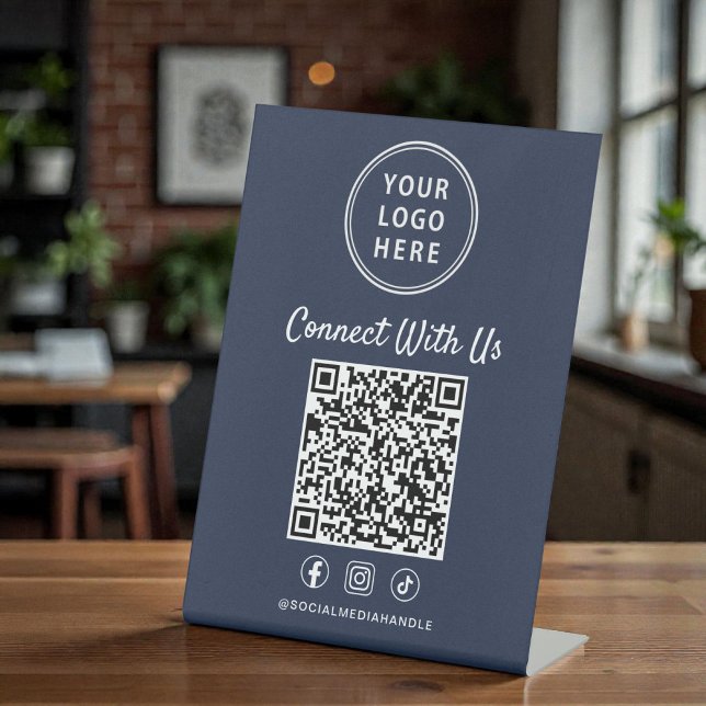 Signe De Table Code QR du logo d'entreprise Bleu sur présentoir (Business Logo QR Code Blue Tabletop Pedestal Sign)