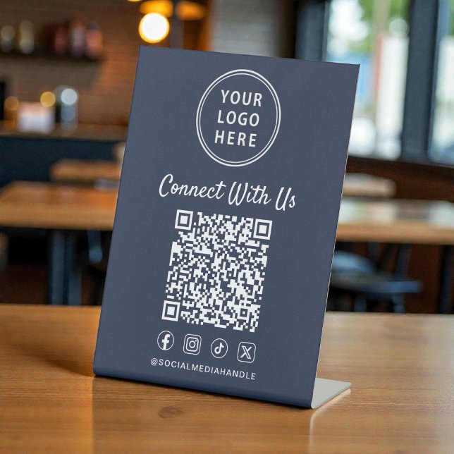 Signe De Table Code QR du logo d'entreprise Bleu sur socle (Business Logo QR Code Blue Tabletop Pedestal Sign)