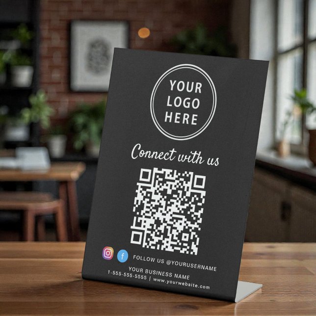 Signe De Table Code QR du logo d'entreprise Connectez-vous avec n (Business Logo QR Code Connect With Us Tabletop Pedestal Sign)