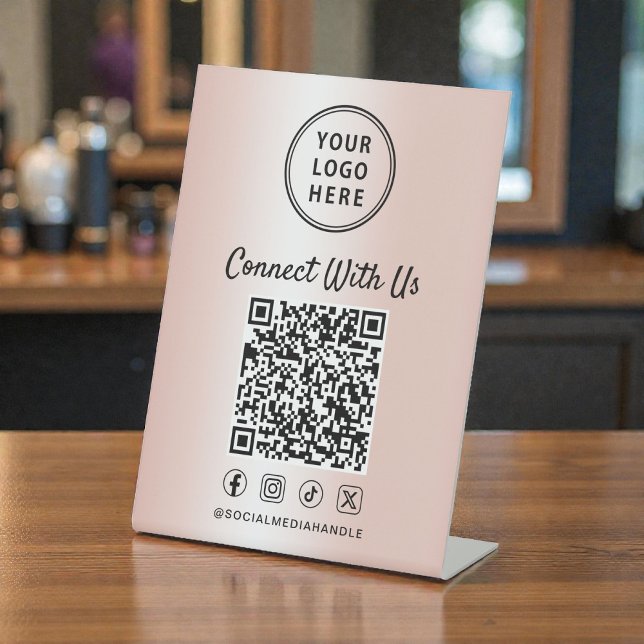 Signe De Table Code QR du logo d'entreprise Rose Gold sur présent (Business Logo QR Code Rose Gold Tabletop Pedestal Sign)
