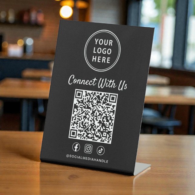 Signe De Table Code QR du logo d'entreprise sur un présentoir noi (Business Logo QR Code Black Tabletop Pedestal Sign)