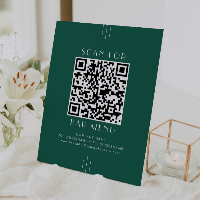 Signe De Table Code QR du menu du bar Art Déco EVERLY vert émerau (EVERLY Art Deco Emerald Green Bar Menu QR Code Pedestal Sign)