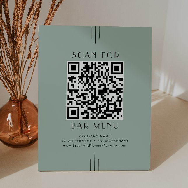 Signe De Table Code QR du menu du bar Everly Modern Art Deco Vert (EVERLY Modern Art Deco Sage Green Bar Menu QR Code Pedestal Sign)