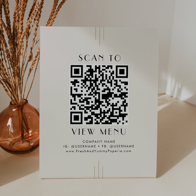 Signe De Table Code QR du menu du restaurant noir or ivoire EVERL (EVERLY Ivory Gold Black Restaurant Menu QR Code Pedestal Sign)