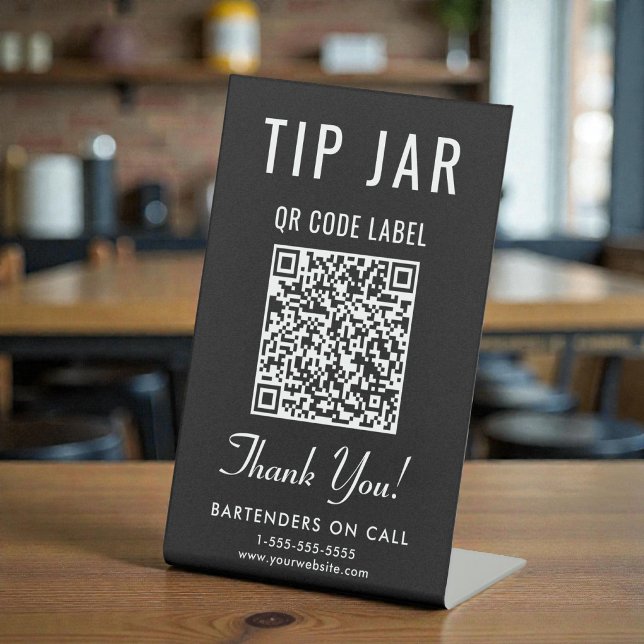 Signe De Table Code QR du pot à pourboires noir sur table (Tip Jar QR Code Black Tabletop Pedestal Sign)