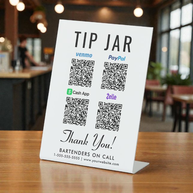 Signe De Table Code QR du pot à pourboires Venmo Paypal Cashapp Z (Tip Jar QR Code Venmo Paypal Cashapp Zelle Pedestal Sign)