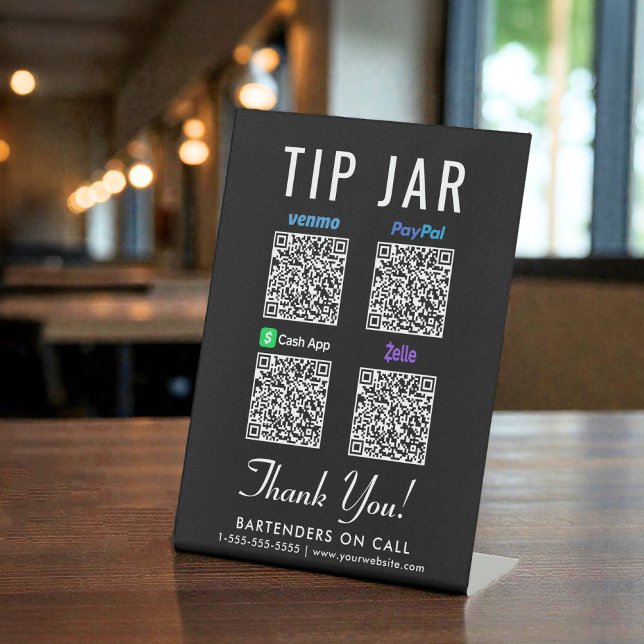 Signe De Table Code QR du pot à pourboires Venmo Paypal Cashapp Z (Tip Jar QR Code Venmo Paypal Cashapp Zelle Pedestal Sign)