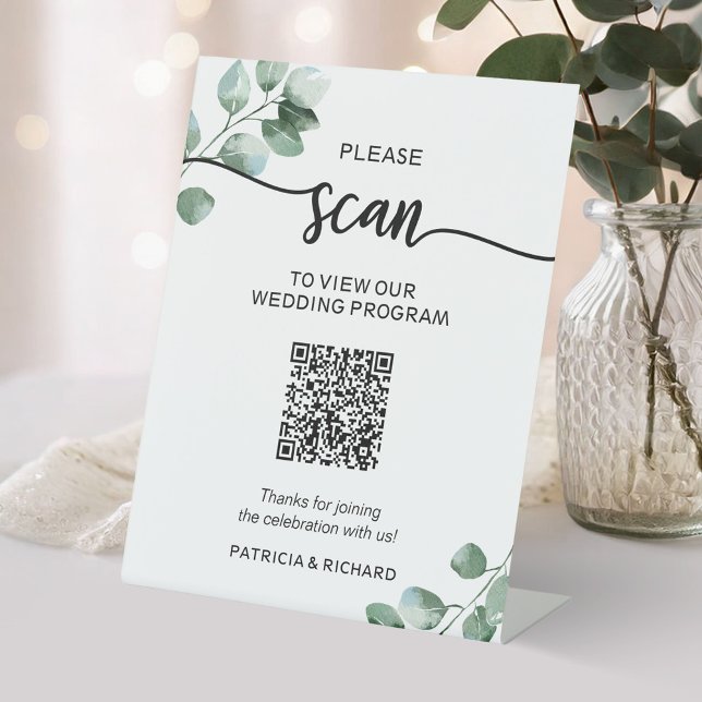 Signe De Table Code QR du programme de mariage verdoyant (Créateur téléchargé)
