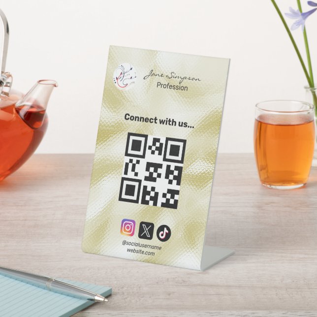 Signe De Table Code QR élégant Logo Texture Or (In SItu)