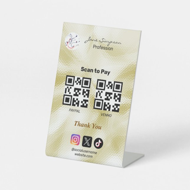 Signe De Table Code QR élégant Logo Texture Or Enseigne sur Piéde (Recto)